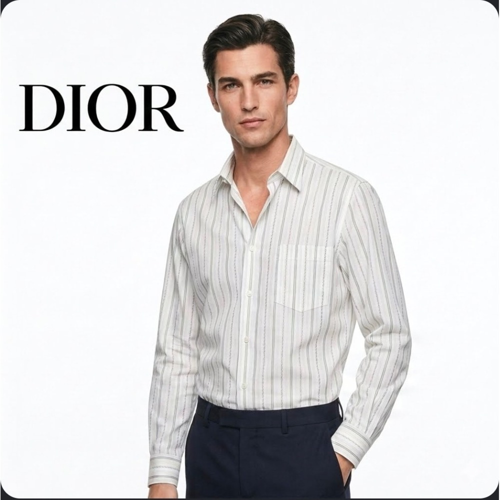Vintage Christian Dior Plus Dress Shirt White Striped Mens Size 16 (L) Deadstock